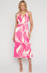 SOGNA COL Abstract Printed Satin Midi Dress with Scarf Feature WDR639B
